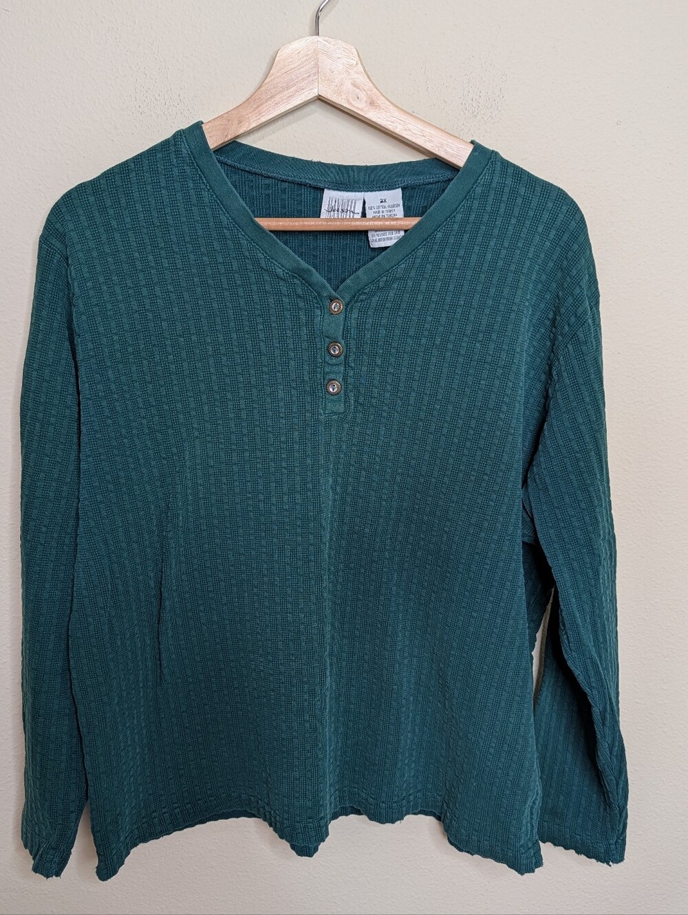 Jason Maxwell Waffle Knit Henley Top 2X Teal Forest Green Long Sleeve Cotton